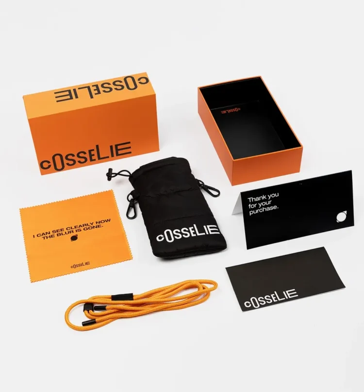 COSSELIE sunglasses orange packaging contents