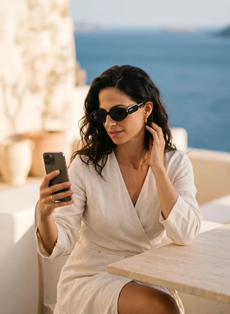 Creator της COSSELIE με μαύρα οβάλ γυαλιά ηλίου φτιάχνει content στο κινητό